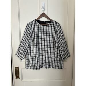 John Mark Tweed Plaid Blouse Womens Size XL Black White Classic Career Preppy